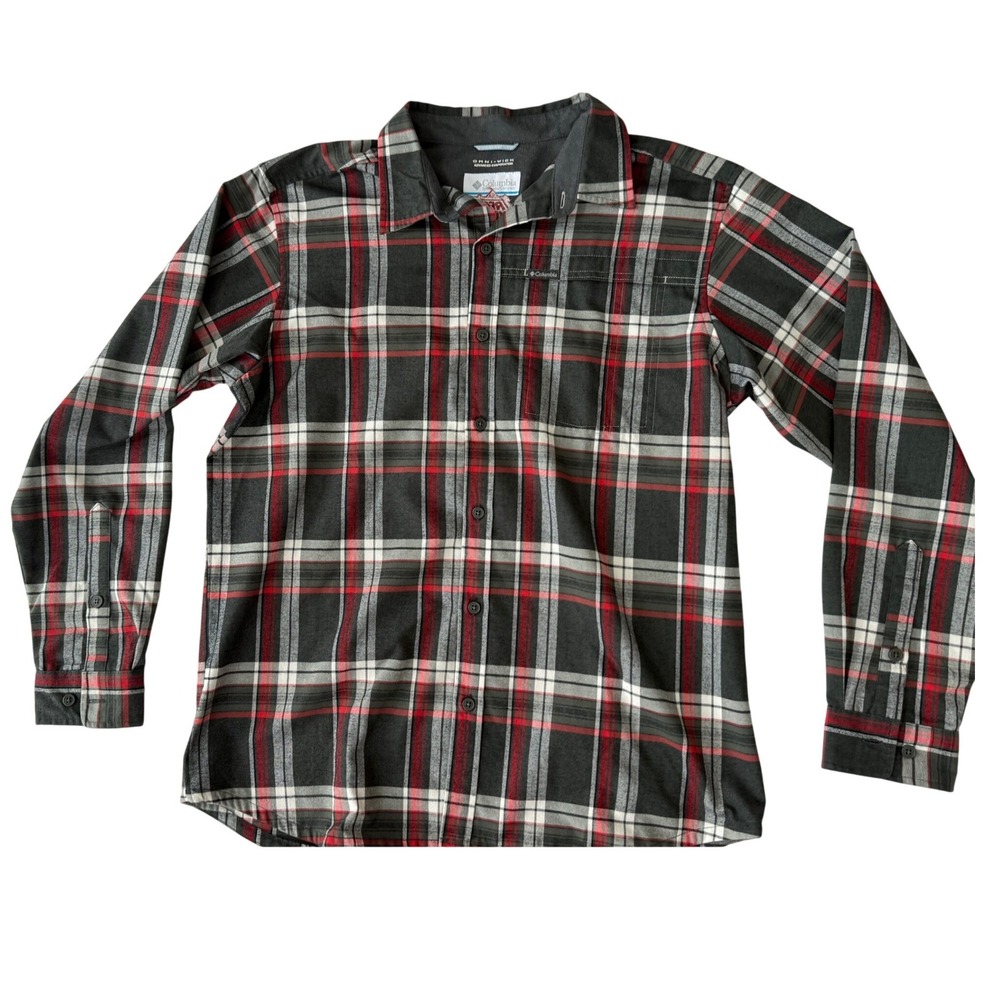 Columbia Plaid Button Up Shirt Mens L Black Red Hook Omni-Wick Hook Brewery Work